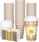 50Pcs Daisy Disposable Paper Cups with Lids and Sleeves 16Oz Smile Daisy Flower Coffee Cups for Spring Wedding Birthday Baby Shower Table Decor Supplies